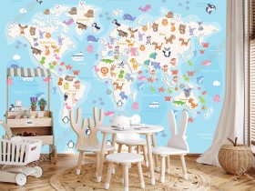 Wizualizacja fototapety do pokoju dziecięcego przedstawiająca mapę świata z kolorowymi zwierzętami ze wszystkich kontynentów, na błękitnym tle mórz i oceanów.