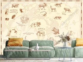 Wizualizacja fototapety do pokoju dziennego, dziecięcego, młodzieżowego, sypialni, salonu, biura. Na fototapecie mapa świata w stylu vintige ze zwierzętami pięknie zdobi ścianę.