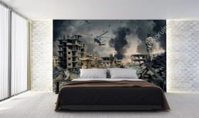 Wizualizacja fototapety o tematyce wojennej. Helikoptery nad zniszczonym wojną miastem. Fototapeta do pokoju młodzieżowego, salonu, sypialni, biura, przedpokoju.
