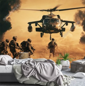 Wizualizacja fototapety o tematyce wojennej. Żołnierze biegną do helikoptera na polu bitwy. Fototapeta do pokoju młodzieżowego, salonu, sypialni, biura, przedpokoju.