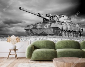 Wizualizacja czarnobiałej fototapety z czołgiem Leopardem. Fototapeta do pokoju młodzieżowego, salonu, sypialni, gabinetu, biura, przedpokoju.