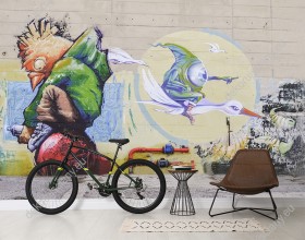 Wizualizacja fototapety przedstawia graffiti malowane na murze Fototapeta do pokoju dziennego, dziecięcego, młodzieżowego, sypialni, salonu.