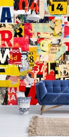 Wizualizacja fototapety przedstawia kolorowy kolaż z liter i cyfr, poskładany z kawałków różnych plakatów i czasopism. Rodzaj takiej fototapety świetnie sprawdzi się w sypialni, przedpokoju, biurze oraz pokoju młodzieżowym.