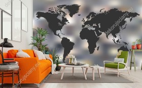 Wizualizacja fototapety do pokoju młodzieżowego, dziennego, salonu, sypialni, biura przedstawiający mapę świata na abstrakcyjnym, kolorowym tle.