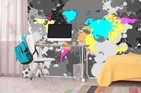 Wizualizacja fototapety do pokoju młodzieżowego, sypialni lub biura przedstawiający mapę świata w nowoczesnym stylu z kolorowymi kontynentami na szarym tle.