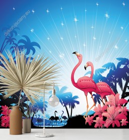 Wizualizacja fototapety do pokoju dziecięcego z różowymi flamingami w na tropikalnej wyspie wśród egzotycznych roślin.