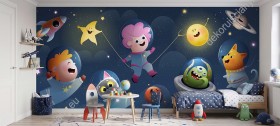 Obrazek 2 dla: Wizualizacja fototapety, podróż kosmiczna dzieci, psa, kota i stworka UFO.
