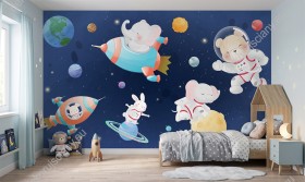 Obrazek 2 dla: Wizualizacja fototapety, zwierzęta  astronauci w kosmosie wśród planet.
