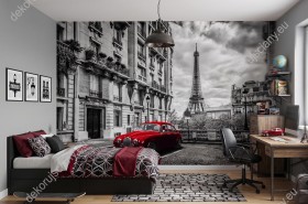 Obrazek 2 dla: Wizualizacja, czarnobiała fototapeta z czerwoną, retro limuzyną, na ulicy Paryża z widokiem na wieżę Eiffla, we Francja. Nowoczesna fototapety świetnie sprawdzi się w pokoju dziennym, młodzieżowym, salonie, sypialni, przedpokoju, jadalni, biurze, gabinecie oraz pokoju młodzieżowym.